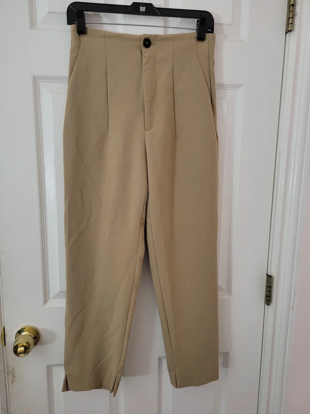 Zara Beige High Waisted Trousers Split Hem Ankle Pants Sz 6